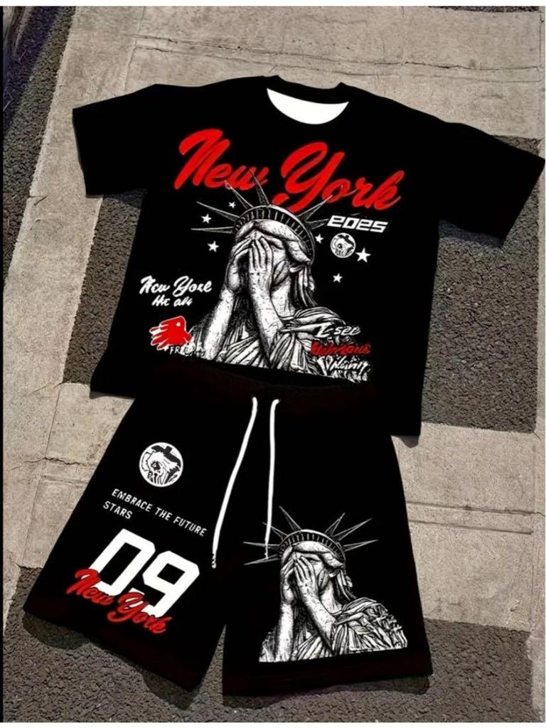 Summer Autumn Men's 2-Piece 3D Printed Short-sleeved T-shirt Shorts Set Light Breathable Trendy Street Style Wear