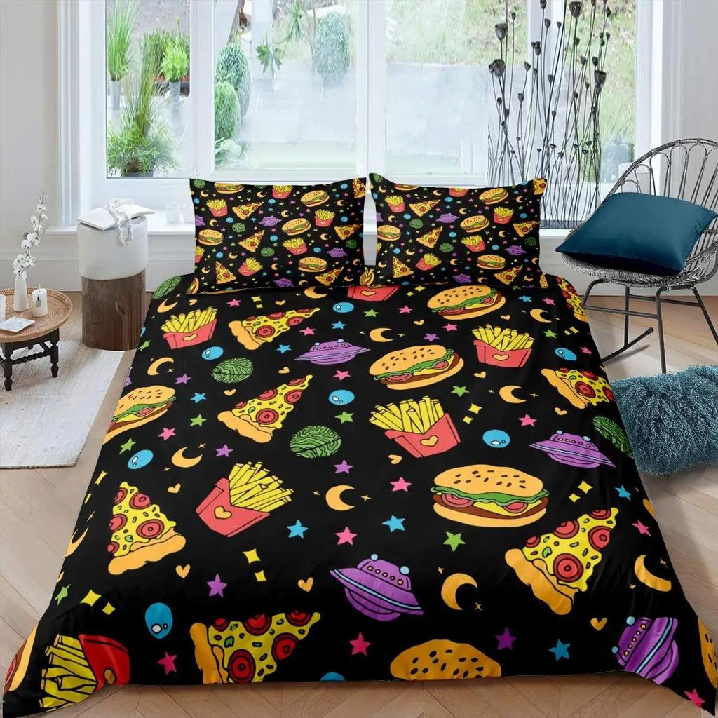 Comforter American Fast Food Full Size Polyester Pizza Hotdog Hamburger Print Bedding Set French Fries Cartoon