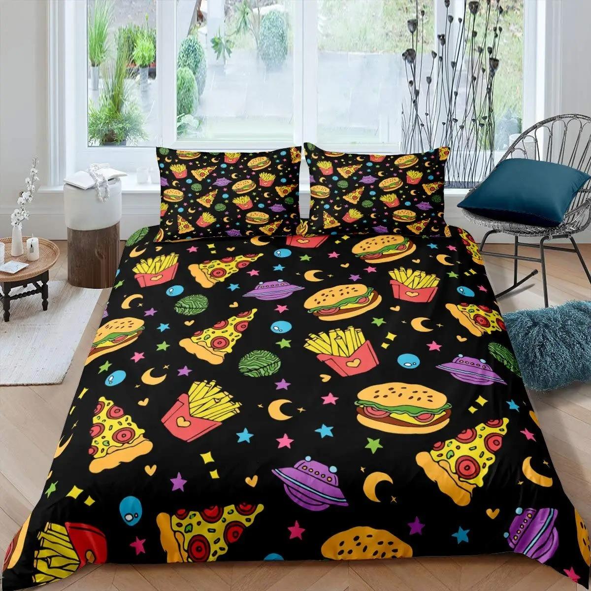 

Comforter American Fast Food Full Size Polyester Pizza Hotdog Hamburger Print Bedding Set French Fries Cartoon Comforter (quilt)-EU Single(135*200cm)3pcs