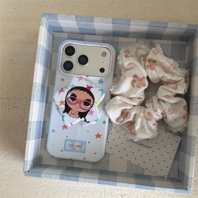 Süßes Mädchen mit großen Augen Sternenmuster Handyhülle mit Ständer für iPhone 15 16 17 Pro Max Kawaii Stoßfeste Schutzhülle