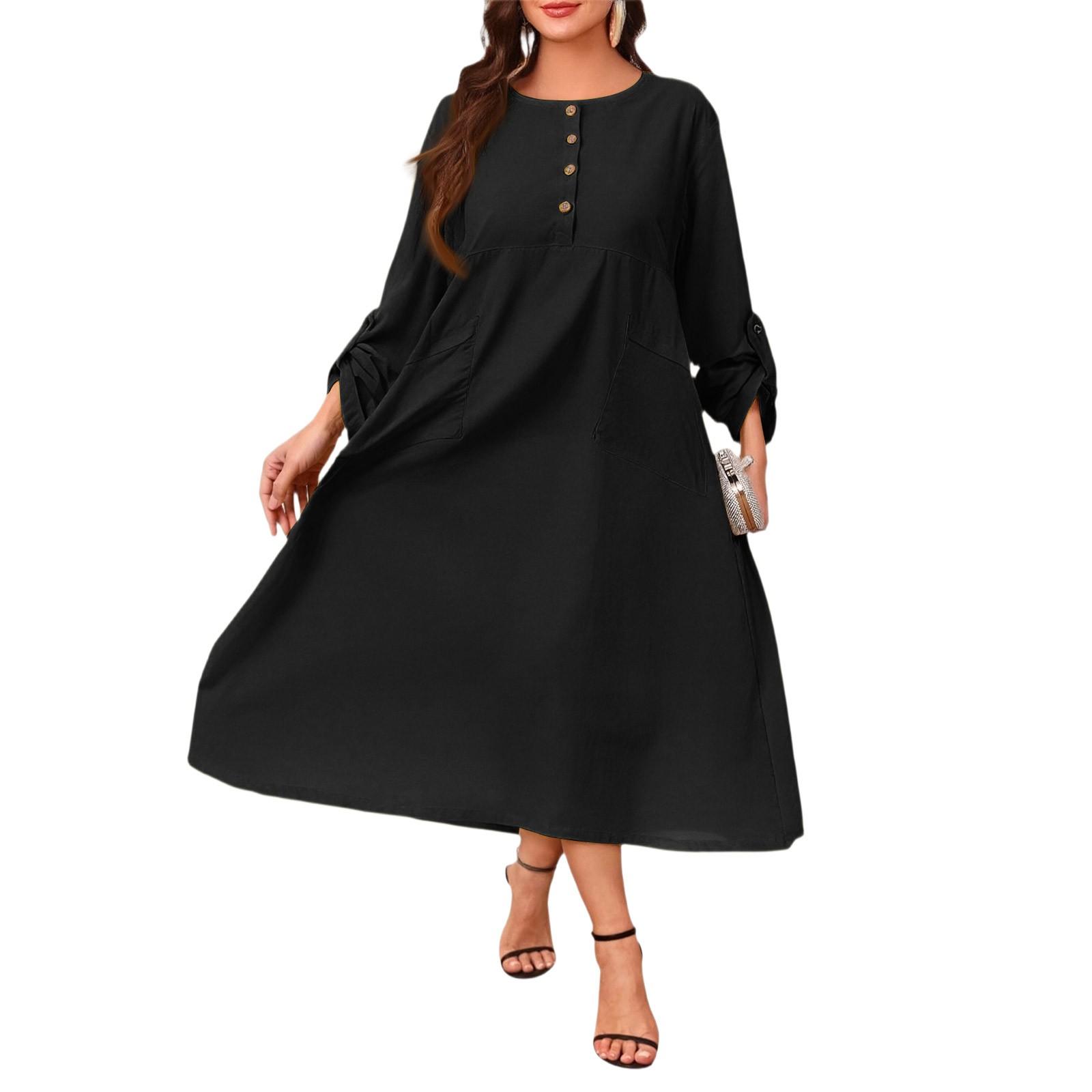 Fashion Women s Loose Solid Leisure Button Literary Fashion Cotton And Linen Dress S чёрный