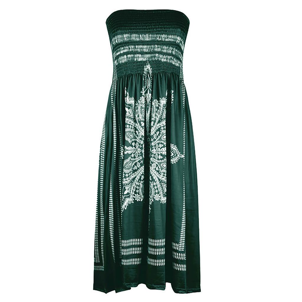 Women's Summer Sexy Strapless Sleeveless  Boho Print Ruched Beach Dress