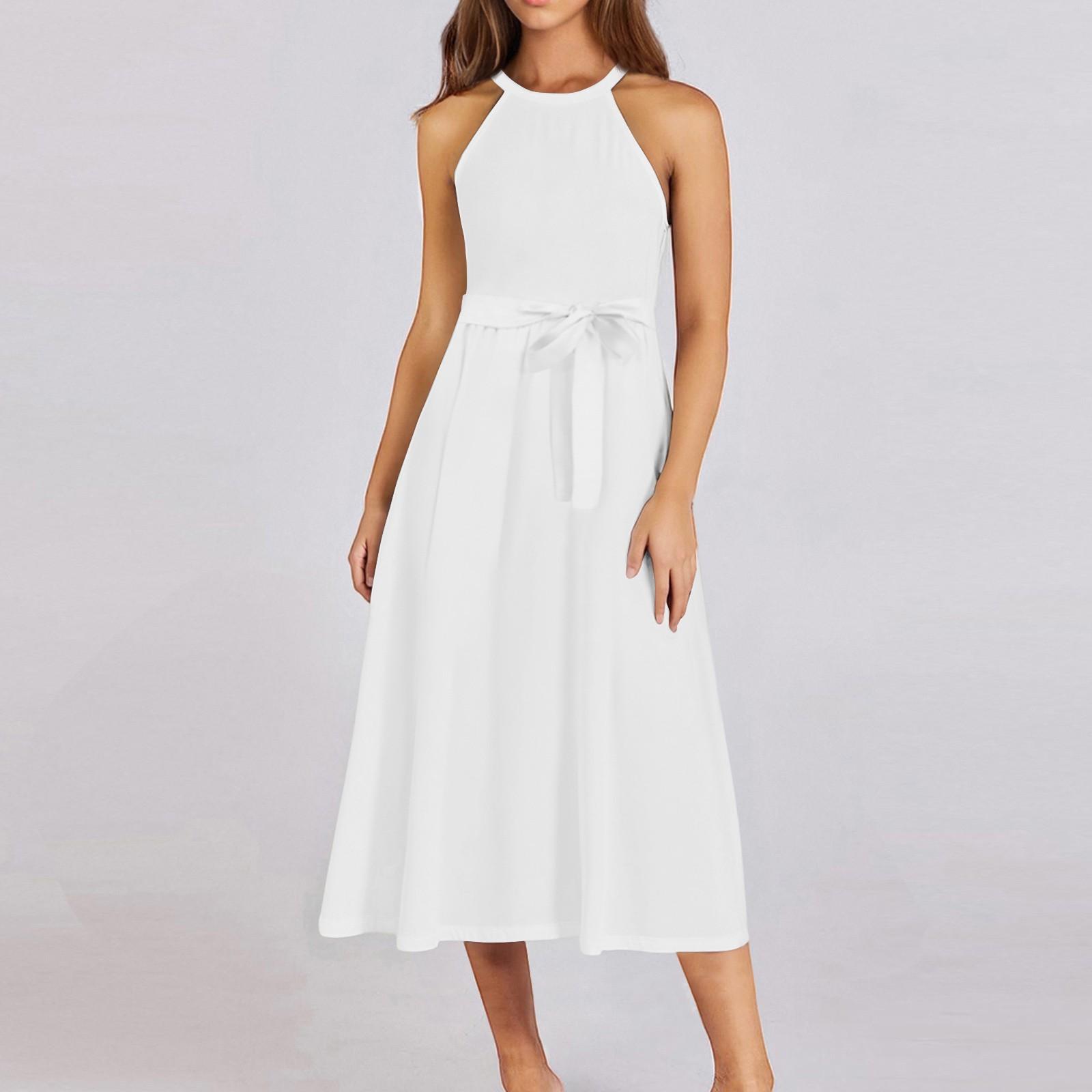 

Женское повседневное платье миди с круглым вырезом, классическое, повседневное, без рукавов, свободное платье в стиле бохо с завязками, летний пляжный сарафан XL белый