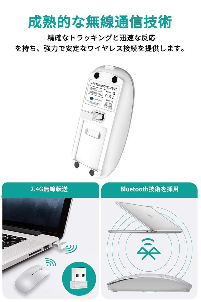 2.4GHz Bluetooth Wireless Mouse, Rechargeable, Slim, Quiet, 3DPI Modes, Optical, Compact, Lightweight, High Precision, Compatible with Mac, Windows,