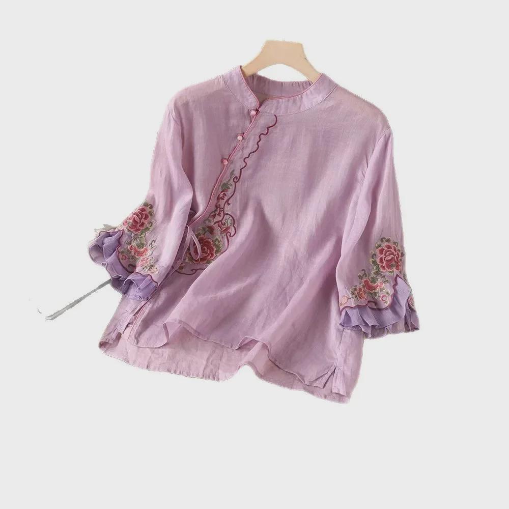 Women's Ethnic Embroidered Cotton-Linen Shirt, Oblique Collar, 3/4 Sleeves, Retro Literary Summer Tea Dress.