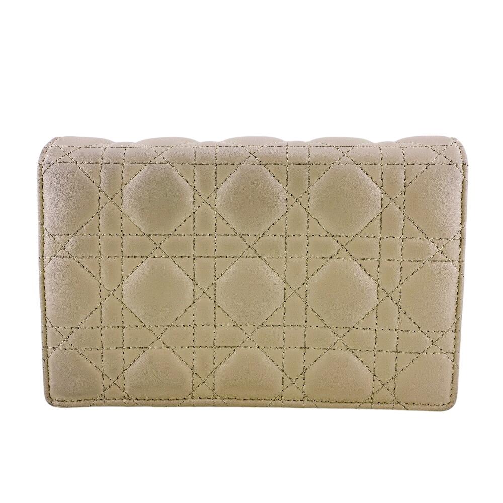 Christian Dior Logo Leather Lady Dior Wallet Chain Beige Leather Used