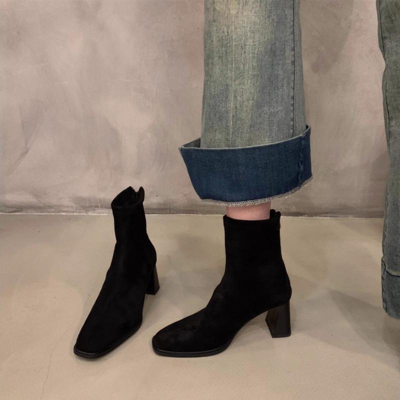 Winter suede ankle boots fashionable square-toe chunky heel nude boots elegant rear zipper high-heeled large-size women's boots