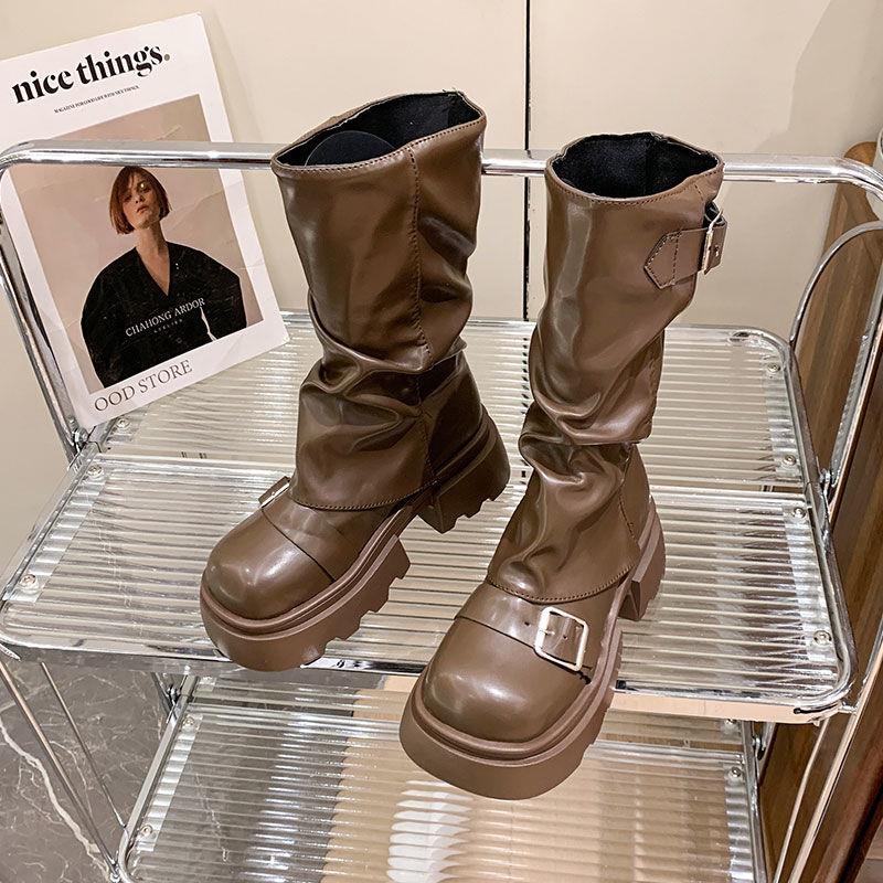 Damenschuhe Herbst Braun Retro Mittelhohe Stiefel Mode Reißverschluss Ritterstiefel Schuhe für Damen Neue Runde Spitze Wasserdichte Stiefel Zapatos