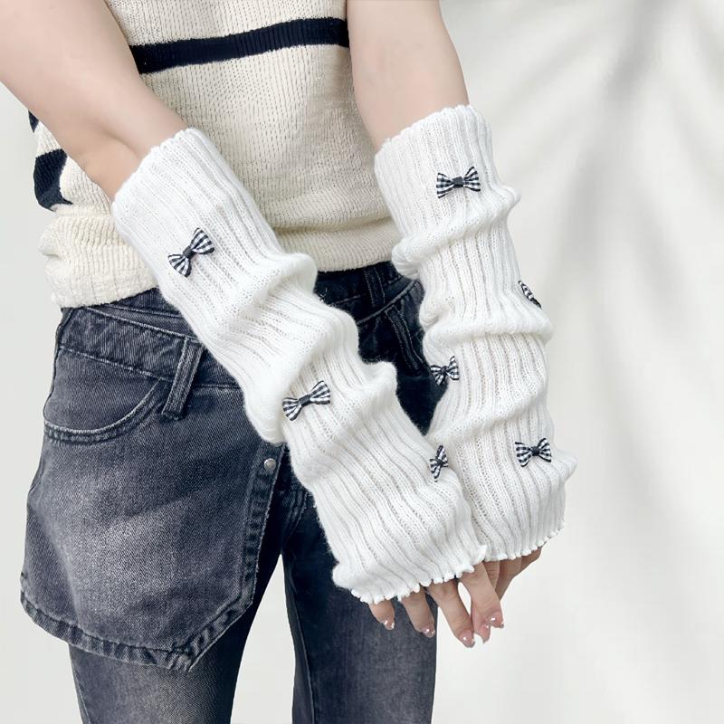 Sweet Cute Fur Bowknot Fingerless Gloves Girl Cosplay Sleeves Arm Sleeves Wool Knitted Sleeves