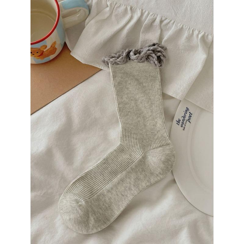 Women's Spring and Autumn Solid Color Versatile Knit Lace Mid Tube Stack Socks
