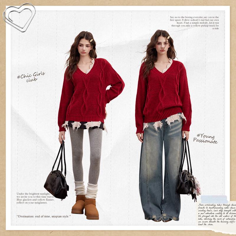 UNIFREE Women's Retro Sweet Color Block Tassel Pullover Sweater