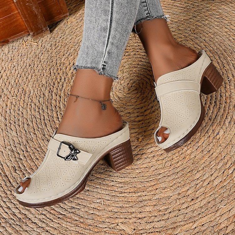 Large-Size Chunky Heel Sandals – Summer New Butterfly Decoration Height-Increasing Peep-Toe One-Band Slide Sandals for Women