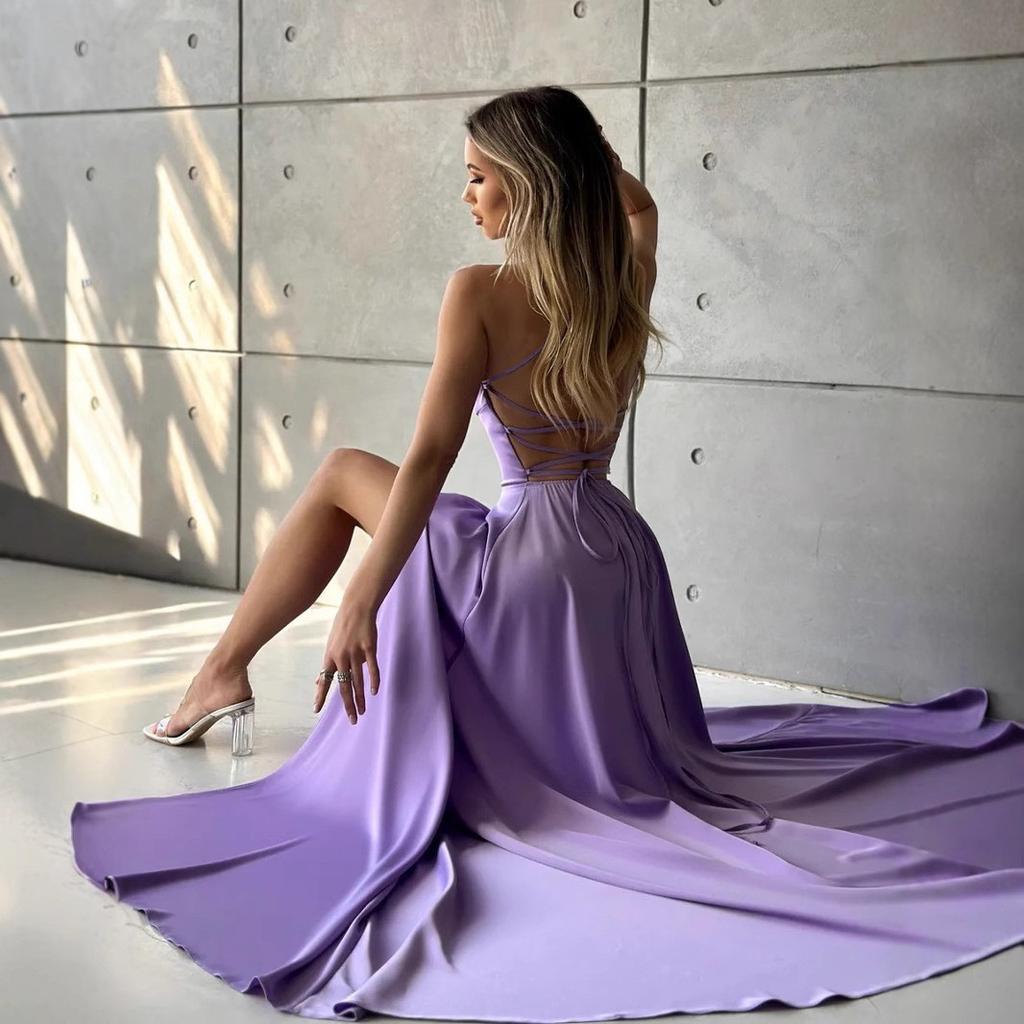 Spring clothing European and American new women's suspender backless sexy split party banquet evening dress dress
