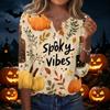 Women's Casual Halloween Print V Neck Button Front Three Quarter Sleeve T Shirt Top Lightweight Soft Fabric Comfortable Fit