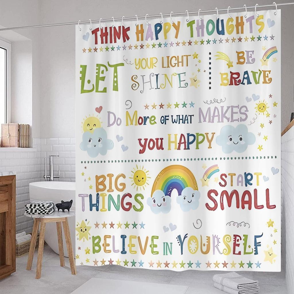 Kids Inspirational Quotes Shower Curtain with Rainbow Colorful Motivational Words, Polyester Fabric for Girls Bathroom Decor