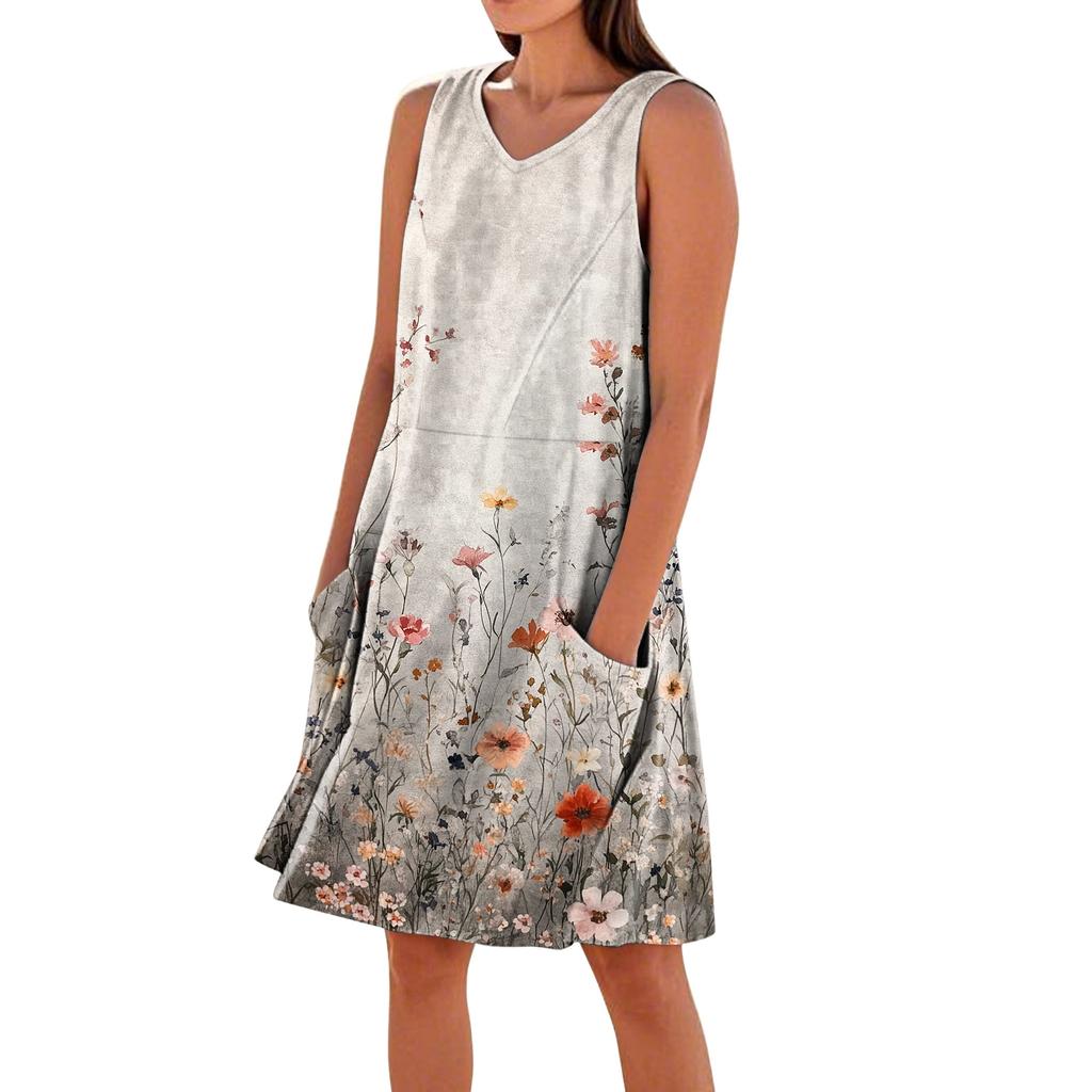 Women Sleeveless V Neck Casual Dress with Pockets Floral Print Relaxed Fit Summer A Line Dress for Daily Wear