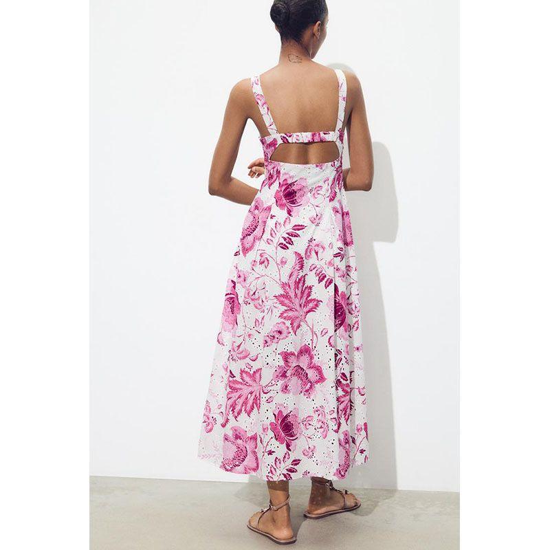 Summer New Product Women's Clothes Seaside Vacation Style Wide Shoulder Strap Cut Out Embroider Printed V-neck Dress 2157053