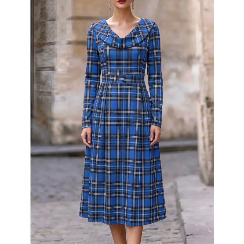 Women Loose Plaid Printed Long Sleeve Long Vintage Dress