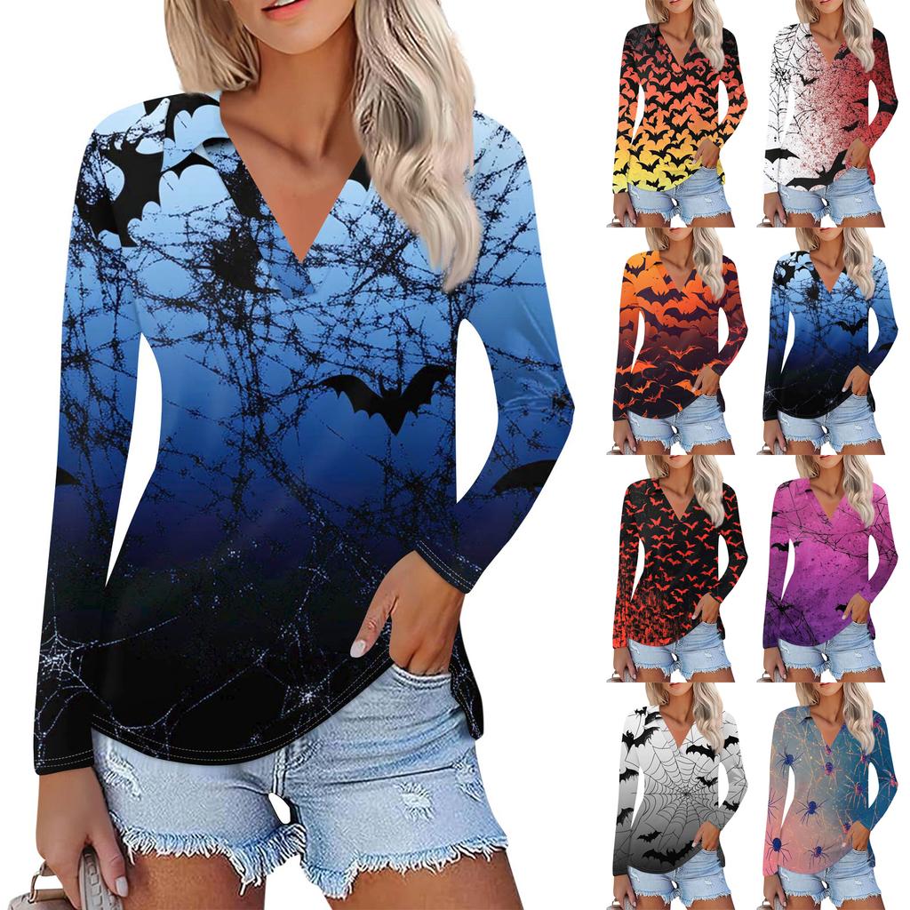 Women's Summer Fashion Casual Printed V-Neck Long Sleeve Shirt Top