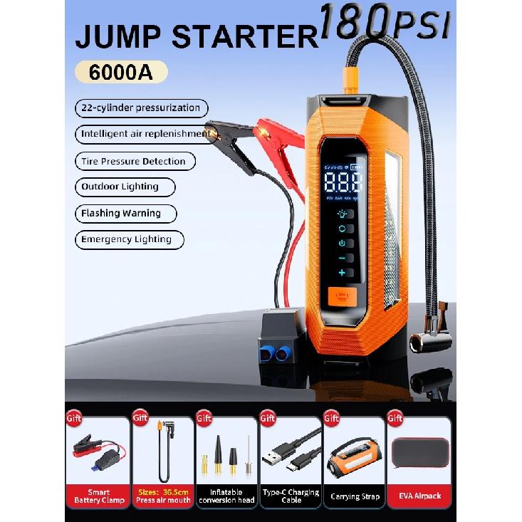 6000A 180psi 5 In1 Car Emergency Battery Pack Light 12v Booster Starting Device Capacitor Compressor Jump Starter With Air Pump