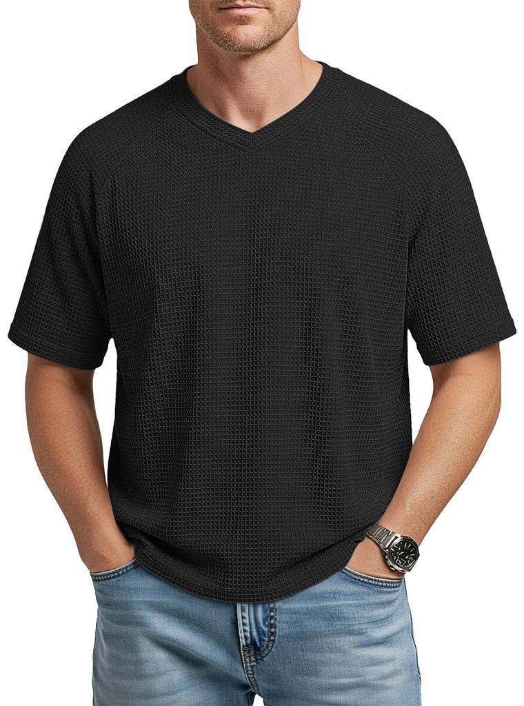 Men's Waffle Knit Short Sleeve T-Shirt Spring Summer Lightweight Breathable V-Neck Raglan Sleeve Casual Solid Top