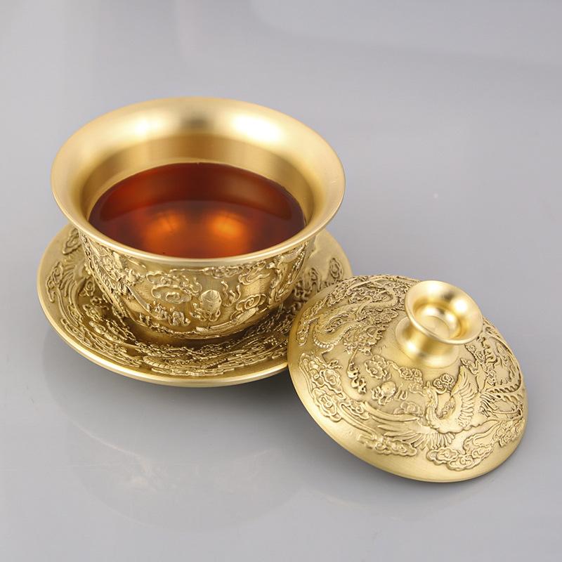 Brass teacup three-piece set, antique collection, copper decoration, dragon and phoenix Chengxiang tea bowl, tea cup living room desktop ornament