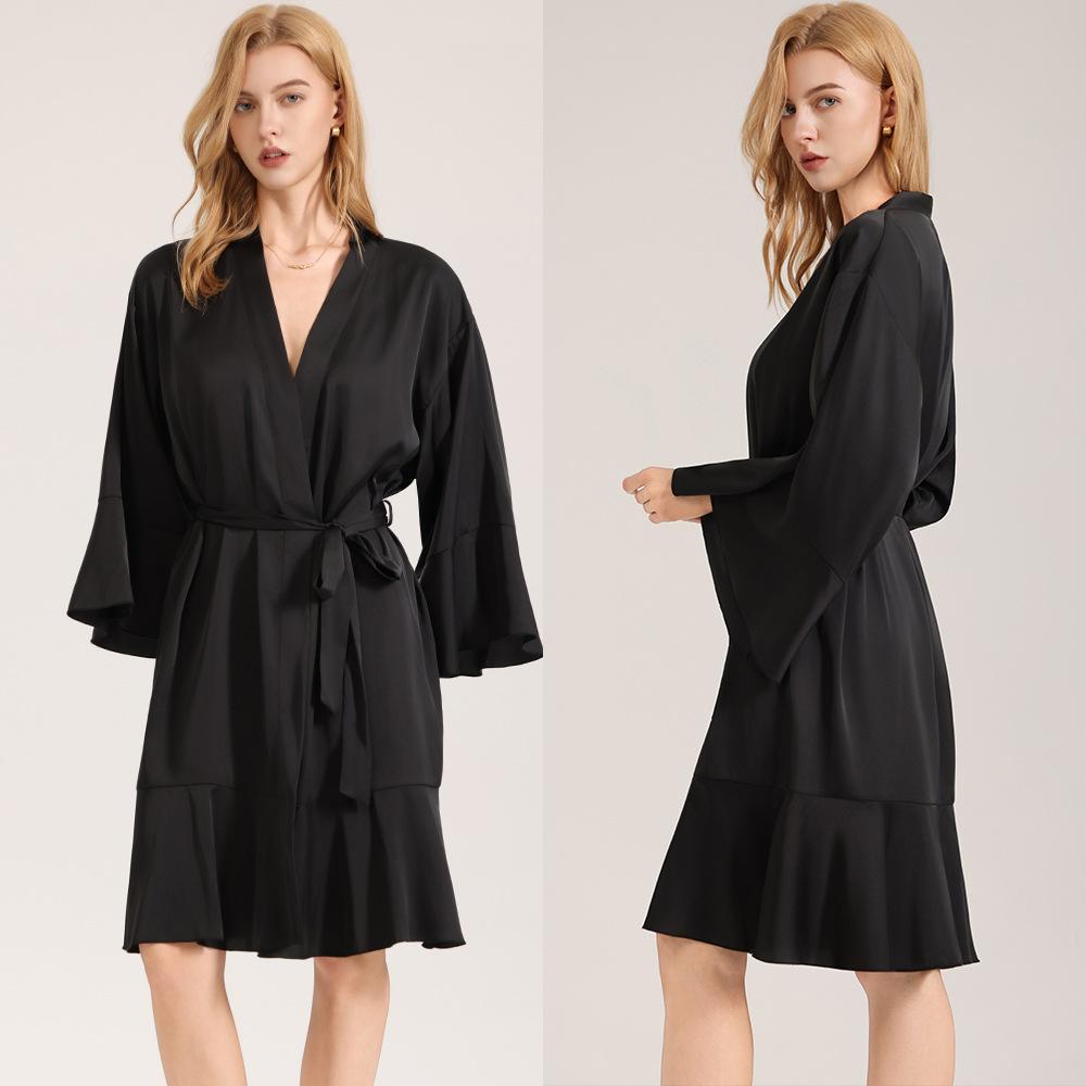 Nightgown WB Ruffle Edge Premium Sense Elegant Satin Spring and Summer Medium and Long Women's Pajamas Loungewear 1191