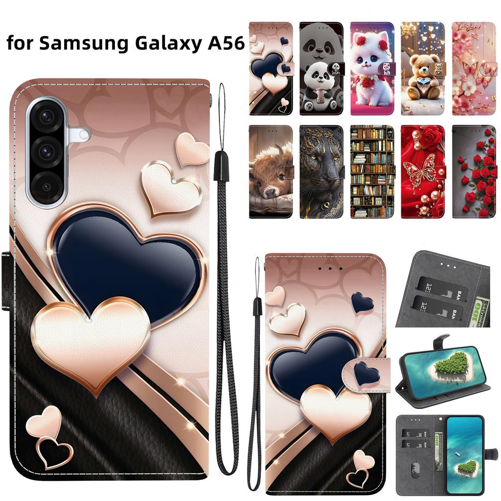 Handmade PU Leather Flip Case for Samsung Galaxy A56 (SM-A566V)- Anti-Slip Shockproof Cover with Wrist Strap & Heart/Rose Cat Designs