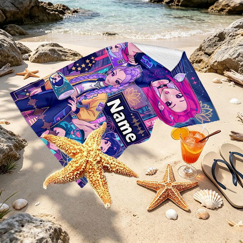 Custom Name Personalized Kpop Demon Hunter Print Beach Towel, for Trip Camping Beach Party Home Decor, Birthday Gift for Family & Friends