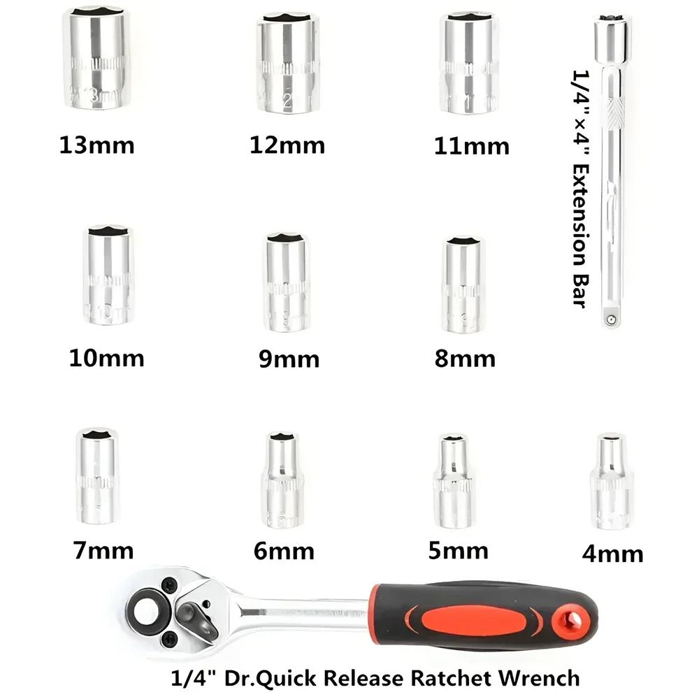 (1/4'',3/8'',1/2'') 12pcs Ratchet Wrench Sleeve Kit Car Repair Tools Hand Tool Multiple Sockets Portable DIY Auto Repair Tools
