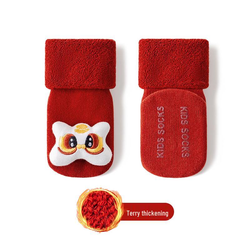 Newborn Non-Slip Red Cotton Socks: Thick & Cozy for Autumn/Winter, Ideal for 100-Day Birthday & New Year Celebrations
