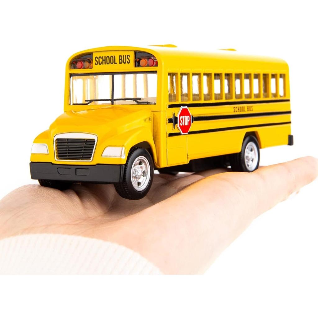 Gelbe Schulbus-Spielzeugautos aus Druckguss für Kinder, 5-Zoll-Rückziehauto mit zu öffnenden Türen und Gummireifen