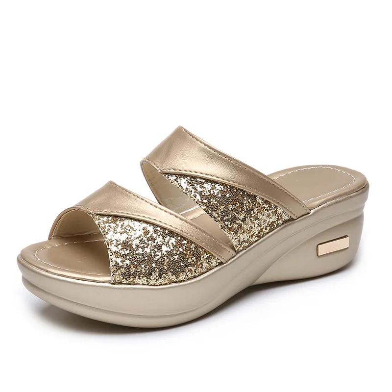 

Fashion Summer High Heels Open Toe Sandals Glitter Wedges Shoes Female Casual Shoes Slingbacks Fashion Light Sandals For Woman 43 золотой