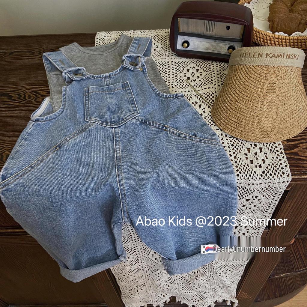 Girls' Denim Overalls Set with Ribbed Vest