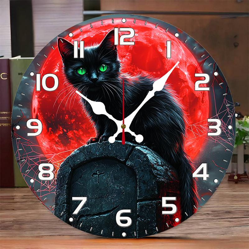 Cat Under Blood Moon Wooden Round Silent Hanging Wall Clock,Suitable For Living Room,Office,Study Room,Bedroom,Home Decoration