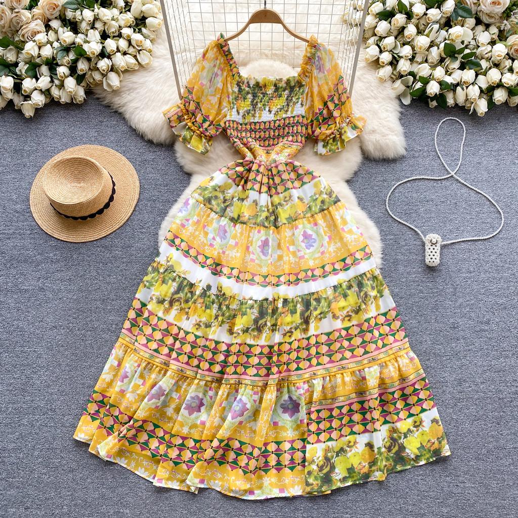 Berufskleid für Damen, quadratischer Kragen, Puffärmel, bedruckt, Chiffon-Kleider, A-Linie, Falten, Stretch, Vestidos Mujer, Sommer, Dropship