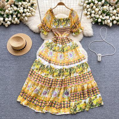 Berufskleid für Damen, quadratischer Kragen, Puffärmel, bedruckt, Chiffon-Kleider, A-Linie, Falten, Stretch, Vestidos Mujer, Sommer, Dropship