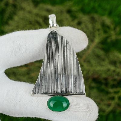 Naturgrüner Onyx Edelstein Anhänger Handgefertigt 925 Sterlingsilber Indischer Schmuck