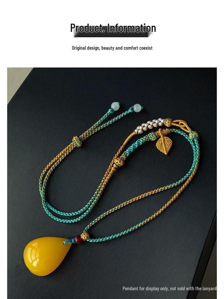 Handmade Amber-Turquoise Gold Jade Pendant Necklace with Safety Buckle