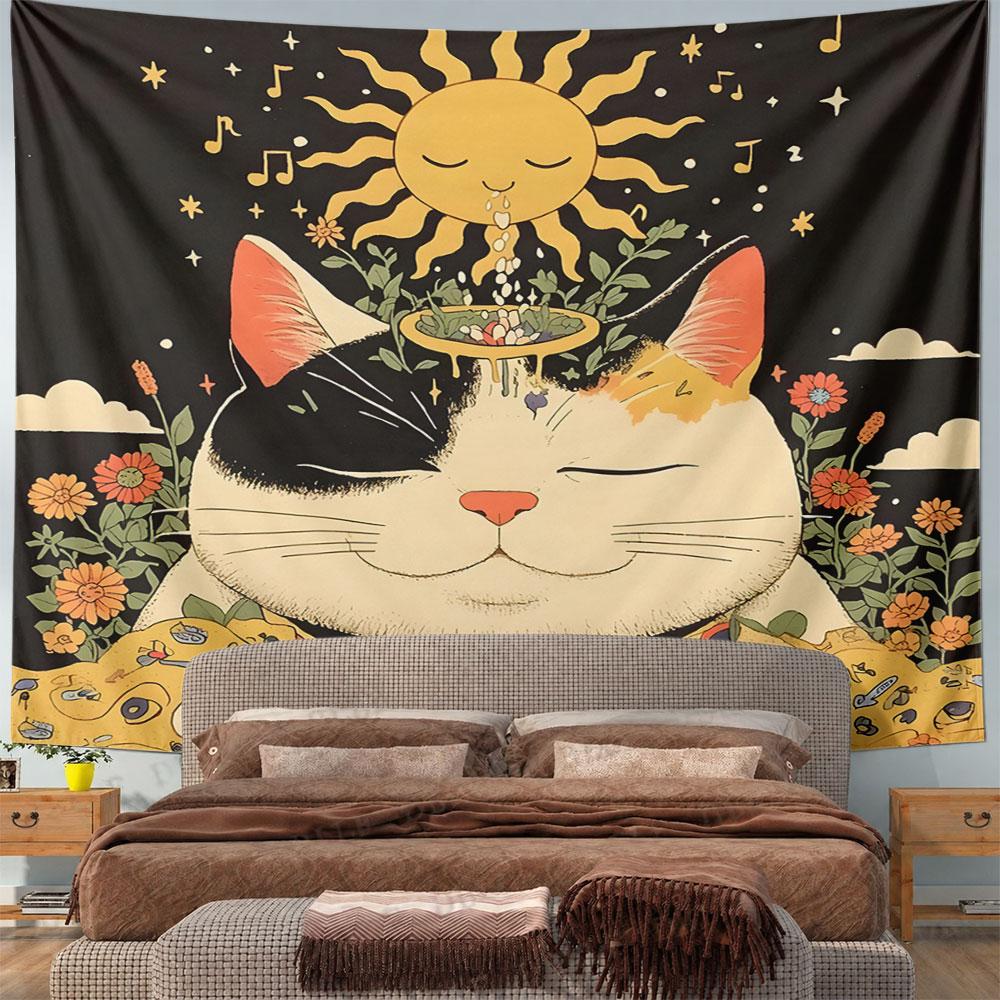 "Calico Cat with Sun Aura Design" Pattern Wall Hanging Tapestry Decorative Tapestry Home Decor for Bedroom and Living Room