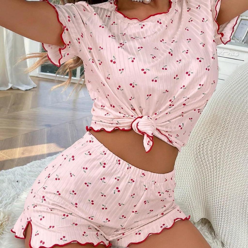Cherry Print Wood Ear Edge Short Pajama Set