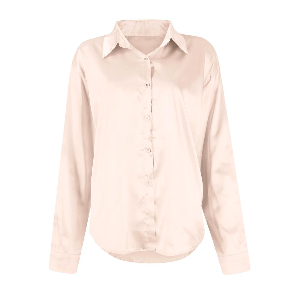 Camicia da Donna in Raso Raso Imitazione Seta Manica Lunga Colore Elegante Bottoni Davanti Collo a Revers Camicie Top