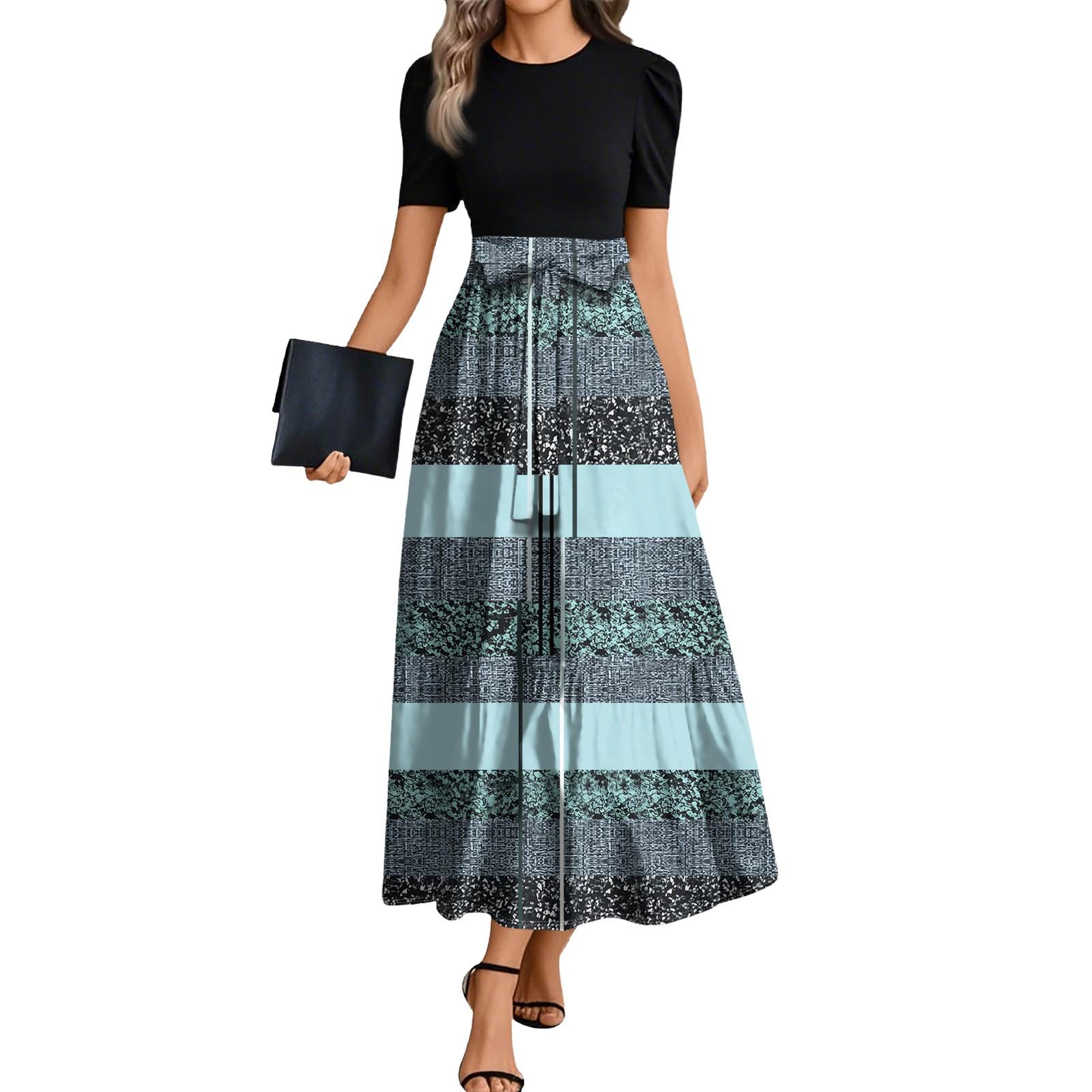 

Women Fashion Casual Belt Short Sleeve Round Neck Striped Print Splicing Elegant Temperament Dress L ціан