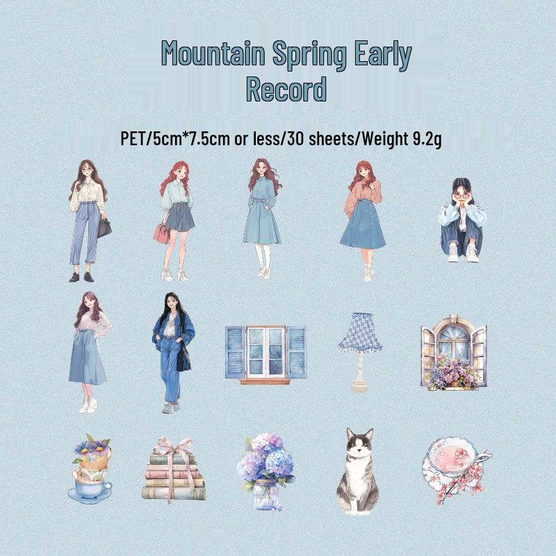 Yuxian Spring Letter Series Sticker Pack - 30 Sheets of Irregular Girl Characters in 4 Styles