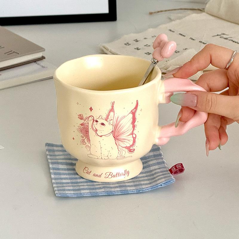 

Girls with High Looking Butterfly Cat Cup Cartoon Ceramic Mug for Best Friend Couple Hand Painted Water Cup Gift 401-500ml