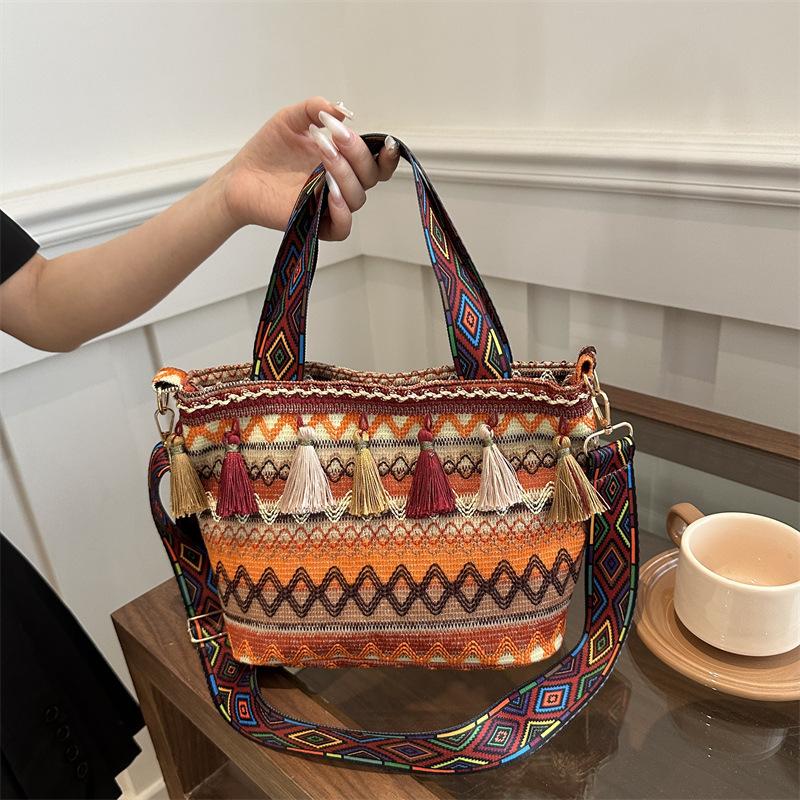 Böhmische Strandtasche mit Fransen, großem Fassungsvermögen, für den Urlaub, Retro, vielseitig und schlicht, Einzelschultertasche