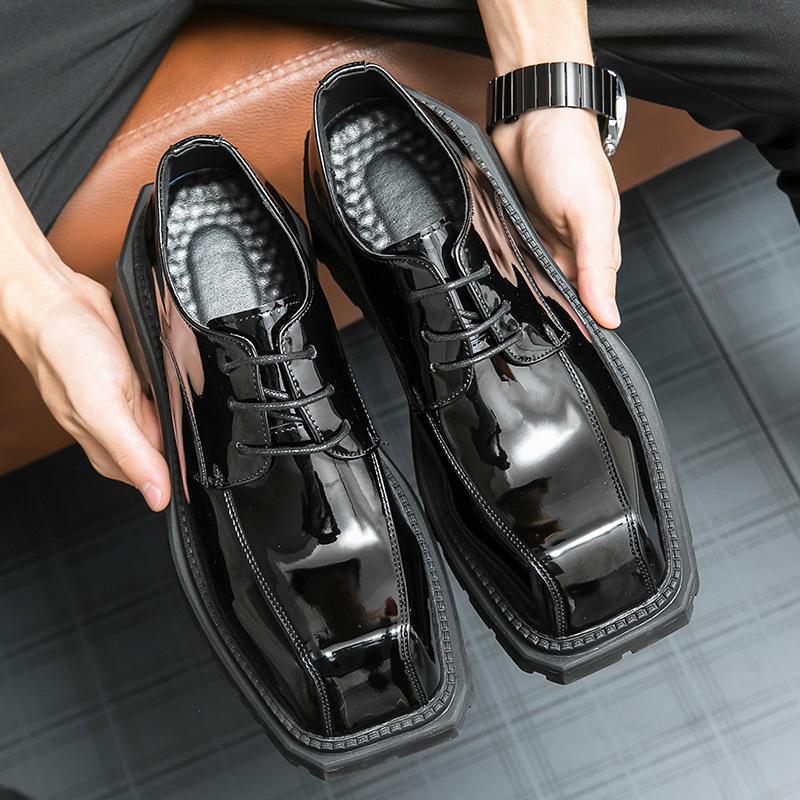 

Korean version of versatile men s fashion thick-soled square head leather shoes business casual bright black derby shoes heightening leather shoes 38