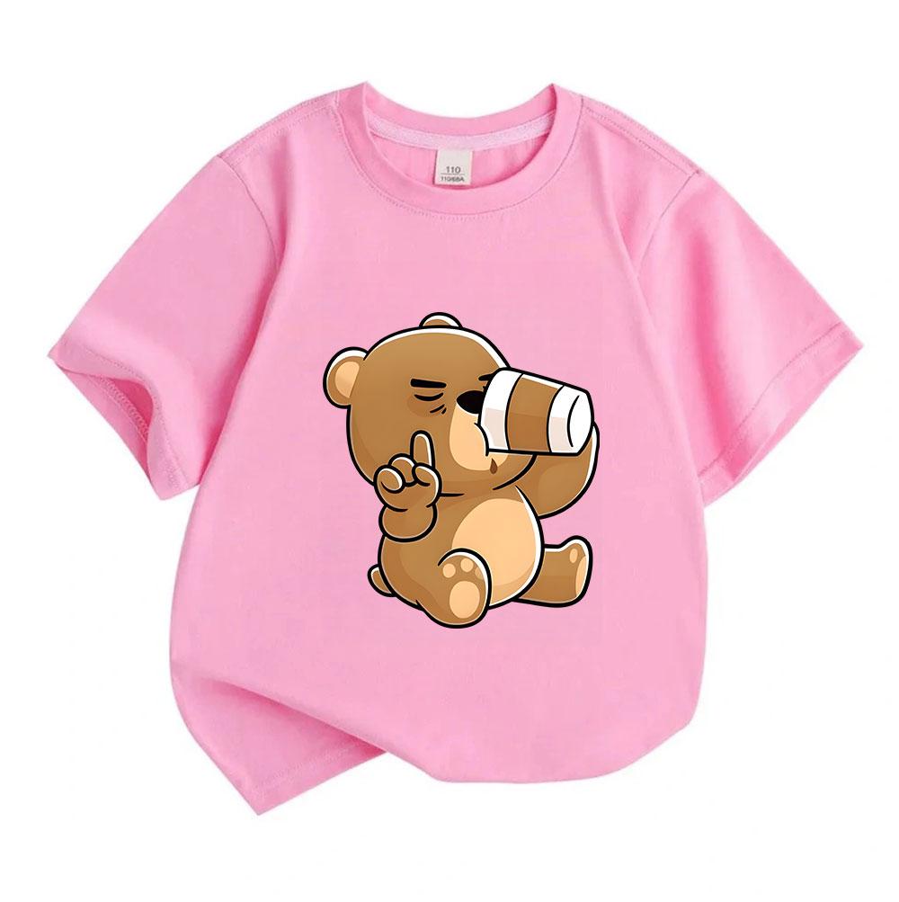 Cute Cartoon Bear Telescope Print Kids 100% Cotton T-shirt, Unisex Boys Girls Crew Neck Short Sleeve Casual Soft Breathable Tee Tops for Daily Summer