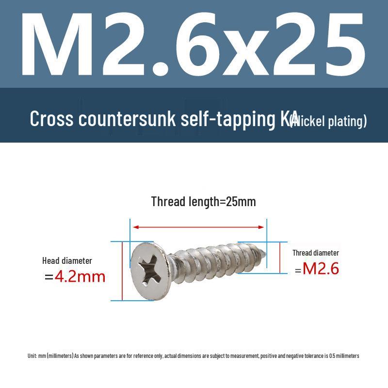 YiguYigu Nickel-Plated Phillips Flat Head Self-Tapping Screws M1-M5, Carbon Steel