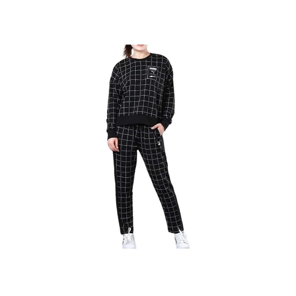 Puma Houndstooth Sport Running Casual Crew Neck Pullover Knit Sweatshirt Women Tops Black 597892-51